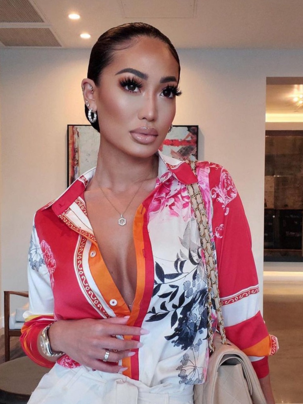 Fashion Nova Night After Work Floral Satin Button Down Blouse | Red/Combo